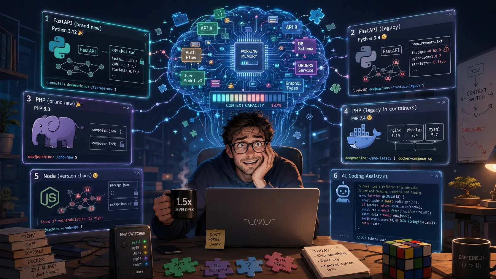 Illustration of a developer overwhelmed by multiple projects, terminals, and dependency conflicts on the path to becoming a 10x engineer.