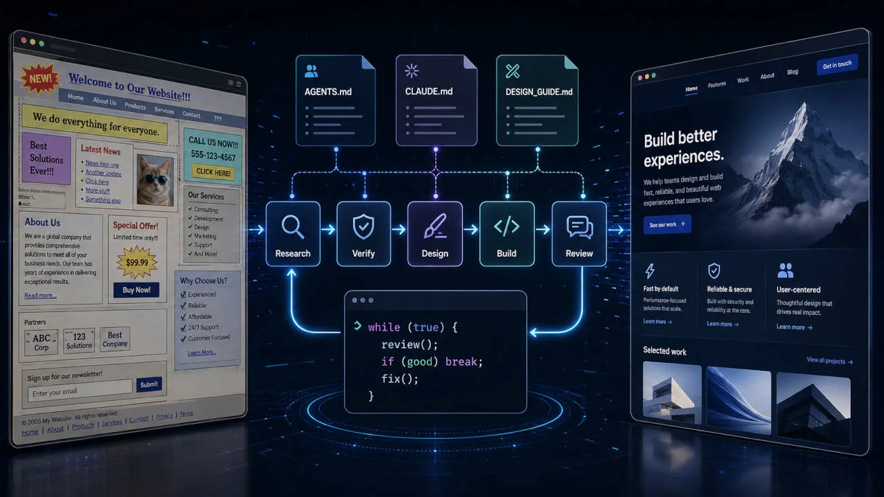 A multi-agent web development pipeline transforming a cluttered legacy website into a polished modern site, coordinated by repository instruction files and a simple while-true review loop.