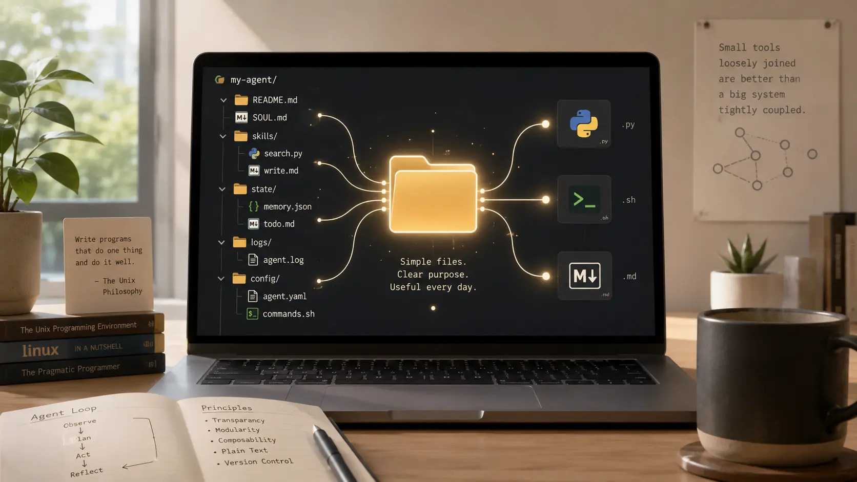 Illustration of a personal AI agent represented as organized folders, Markdown files, scripts, logs, and state.