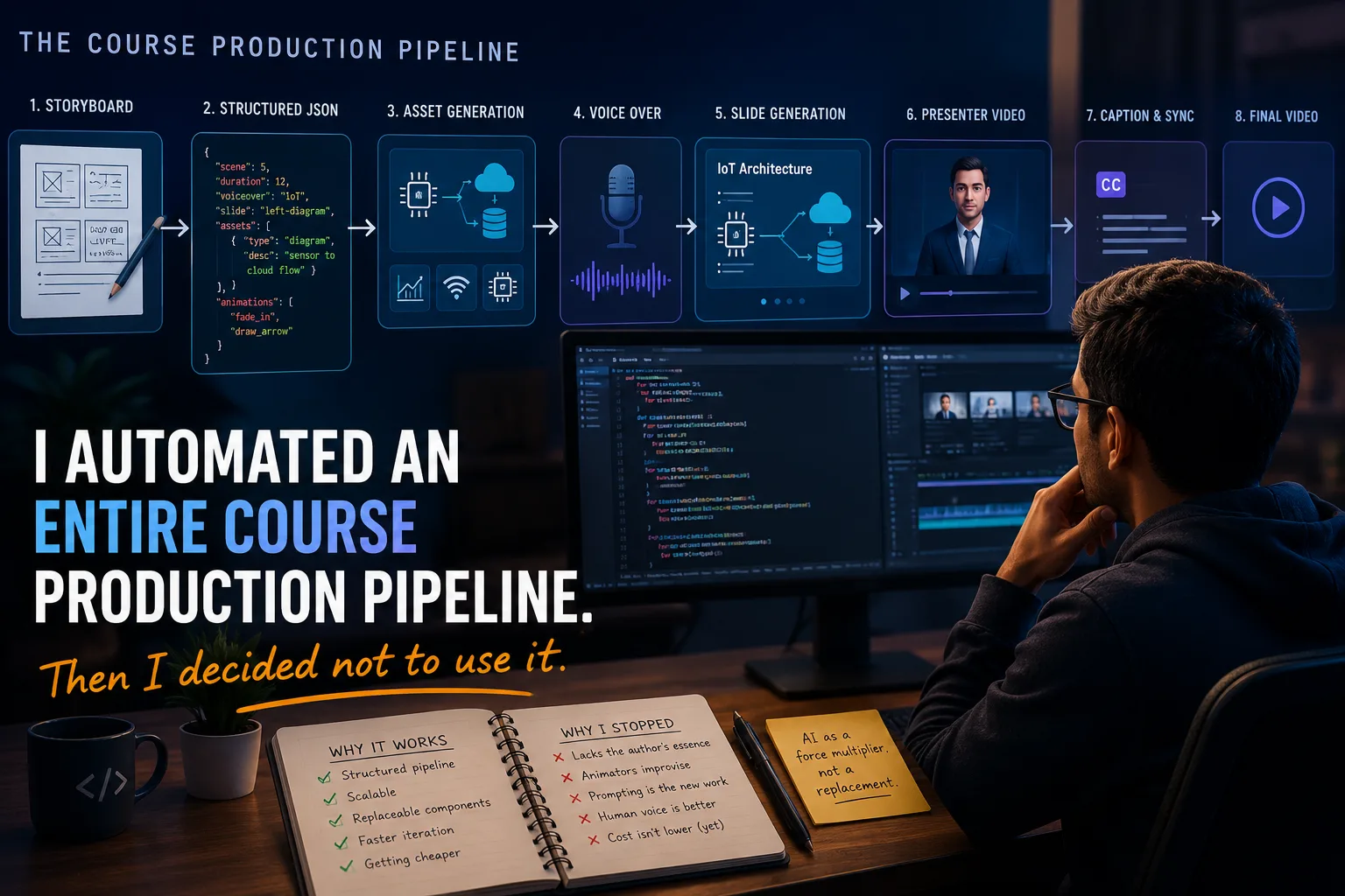 Illustration of an automated course production pipeline connecting scripts, assets, narration, and slides.