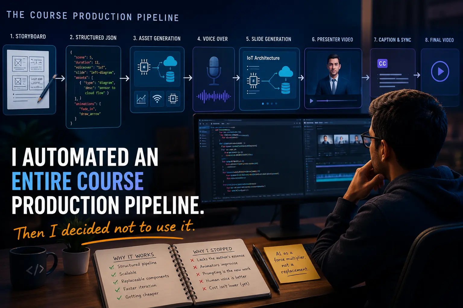 Illustration of an automated course production pipeline connecting scripts, assets, narration, and slides.