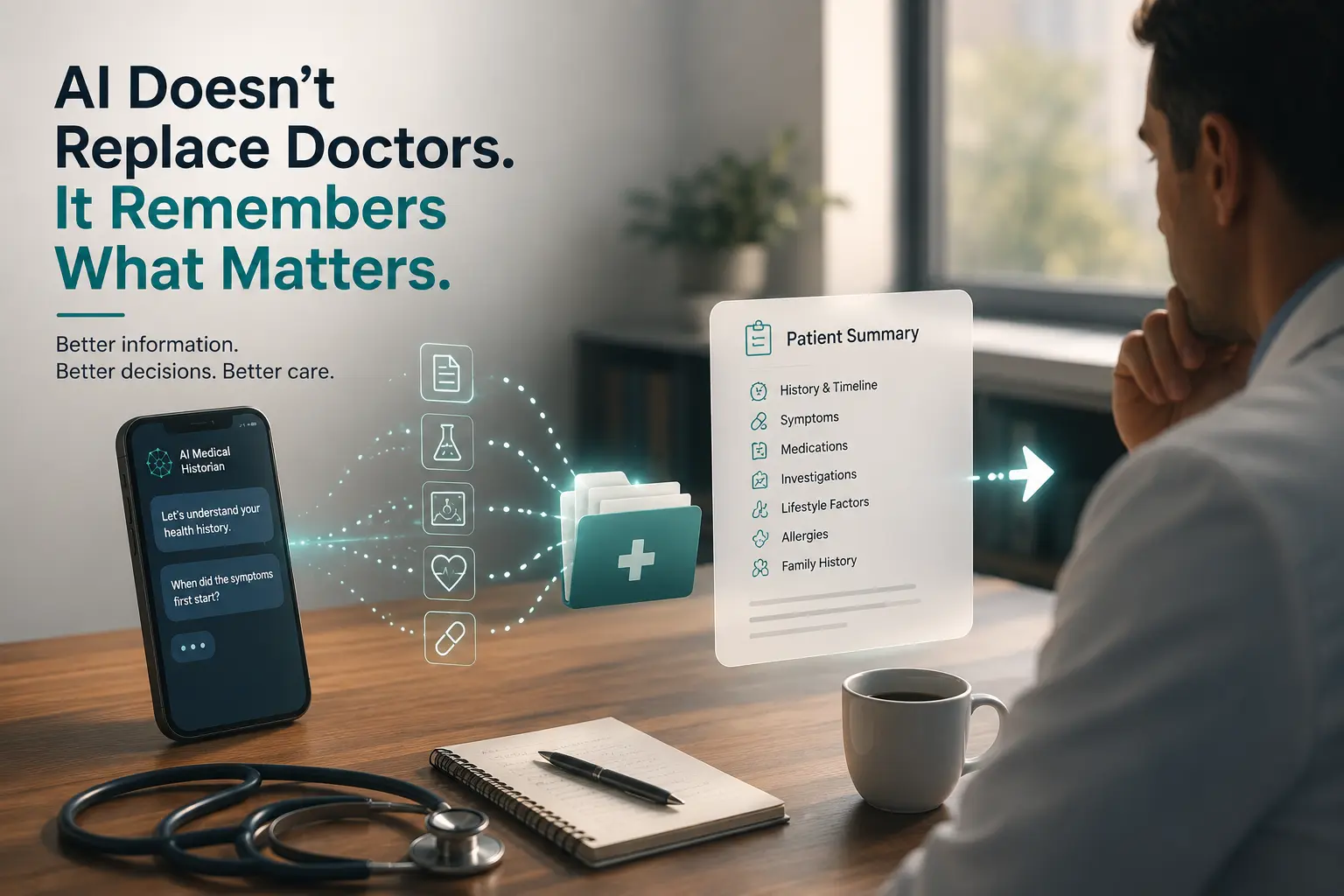 Illustration of an AI medical historian organizing patient history before a doctor visit.