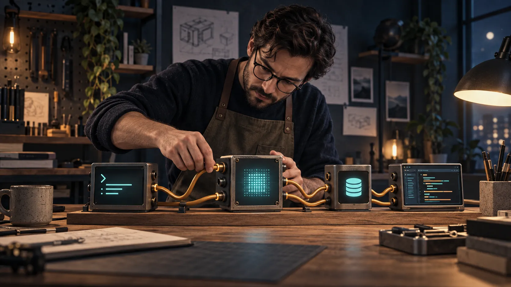 An engineer connects a coding terminal, a language model, a database, and a laptop through glowing cables in a workshop.