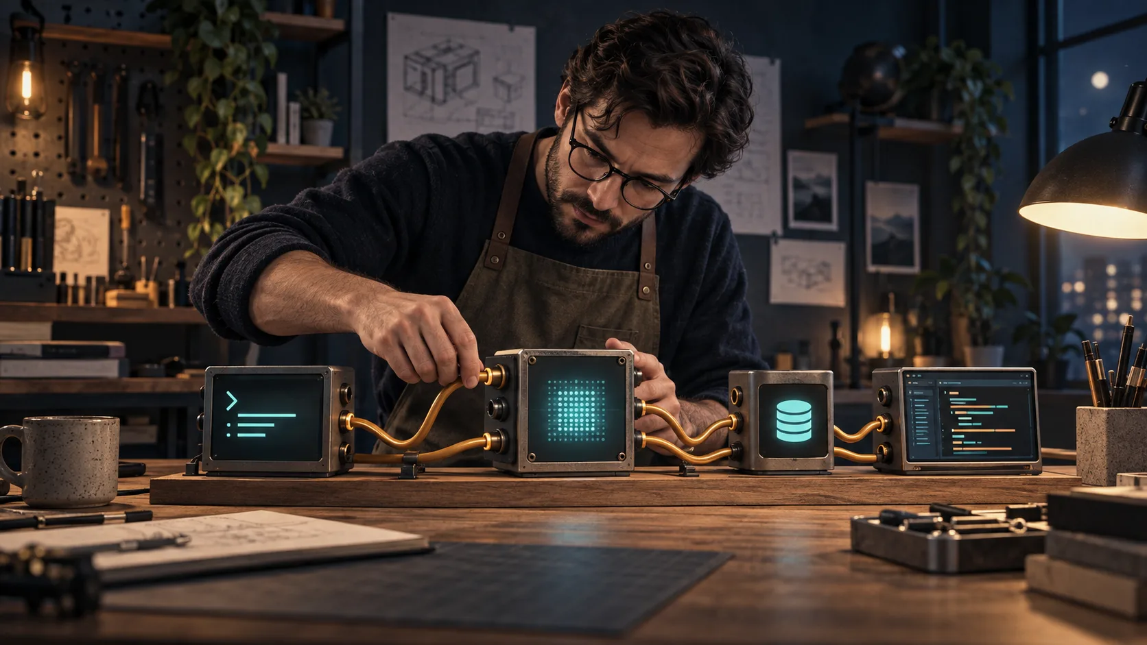 An engineer connects a coding terminal, a language model, a database, and a laptop through glowing cables in a workshop.