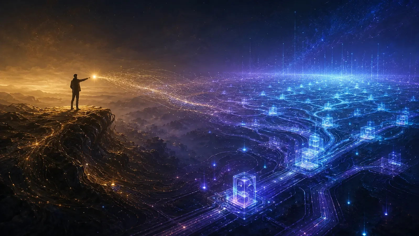 A human figure directing a luminous path into an expanding silicon network, representing human purpose amplified by scalable AI.