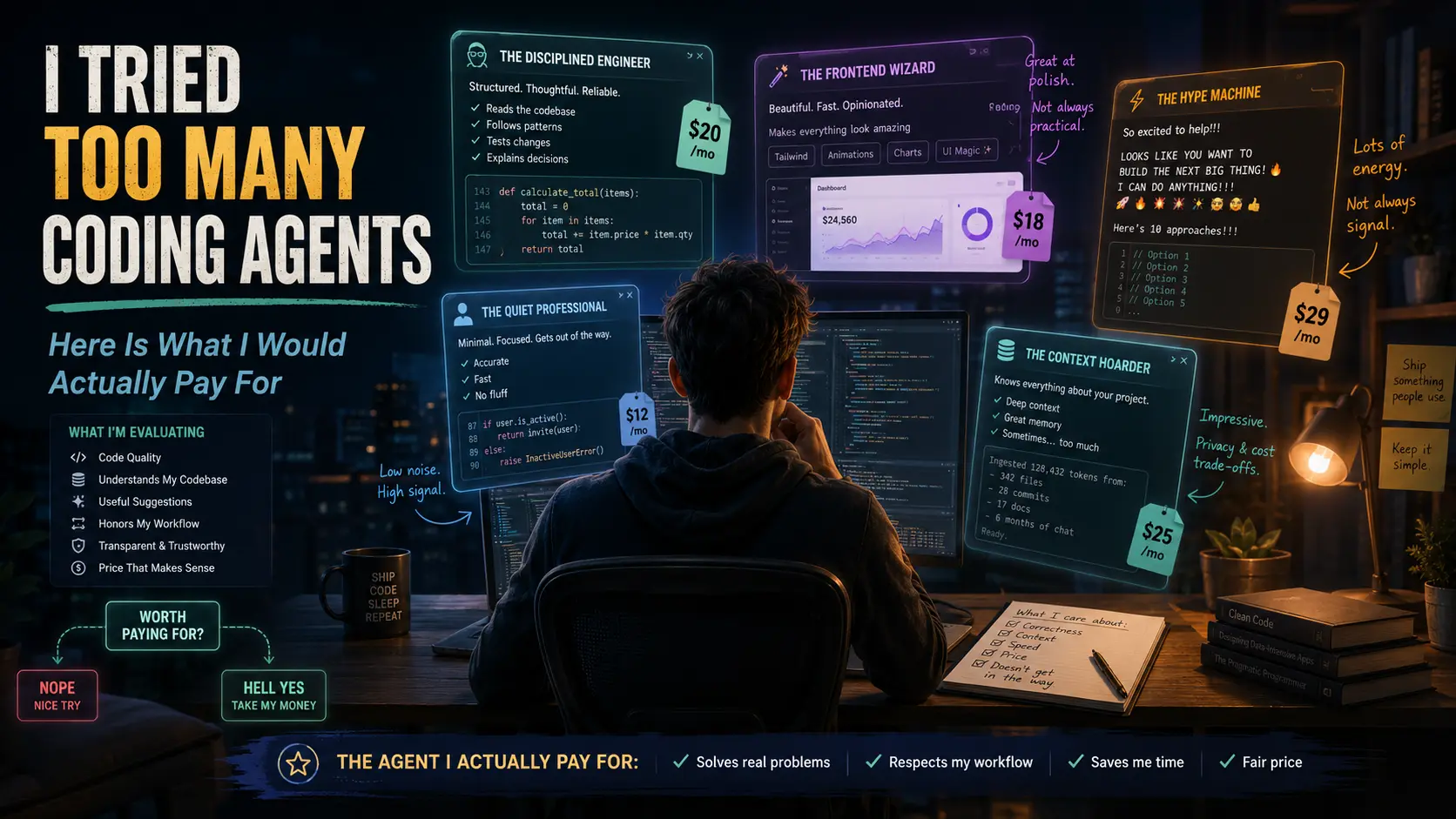 A developer comparing coding agents on screens, with notes about quality, workflow, pricing, and practical usefulness.