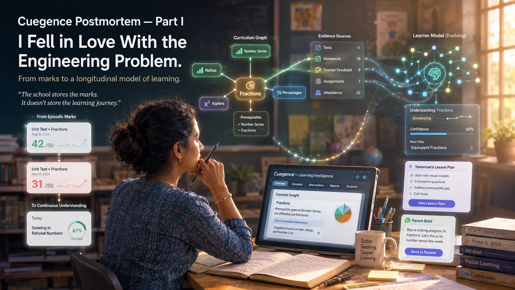 A teacher at a desk surrounded by projected panels showing a curriculum graph, evidence sources and an evolving learner model, illustrating the shift from episodic marks to a continuous picture of learning.
