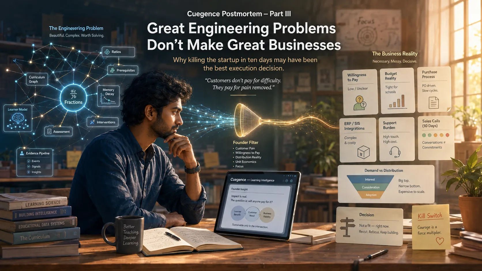 An intricate learner-model graph on one side and the commercial reality of budgets, integrations and sales calls on the other, funnelling into a kill decision.