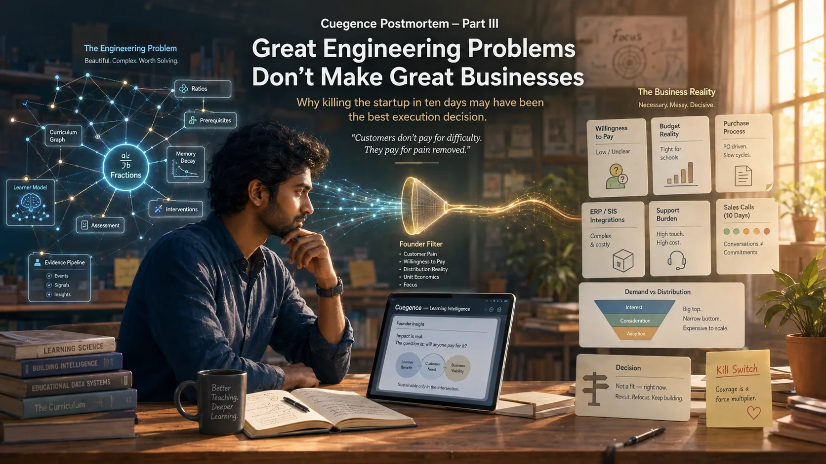 An intricate learner-model graph on one side and the commercial reality of budgets, integrations and sales calls on the other, funnelling into a kill decision.