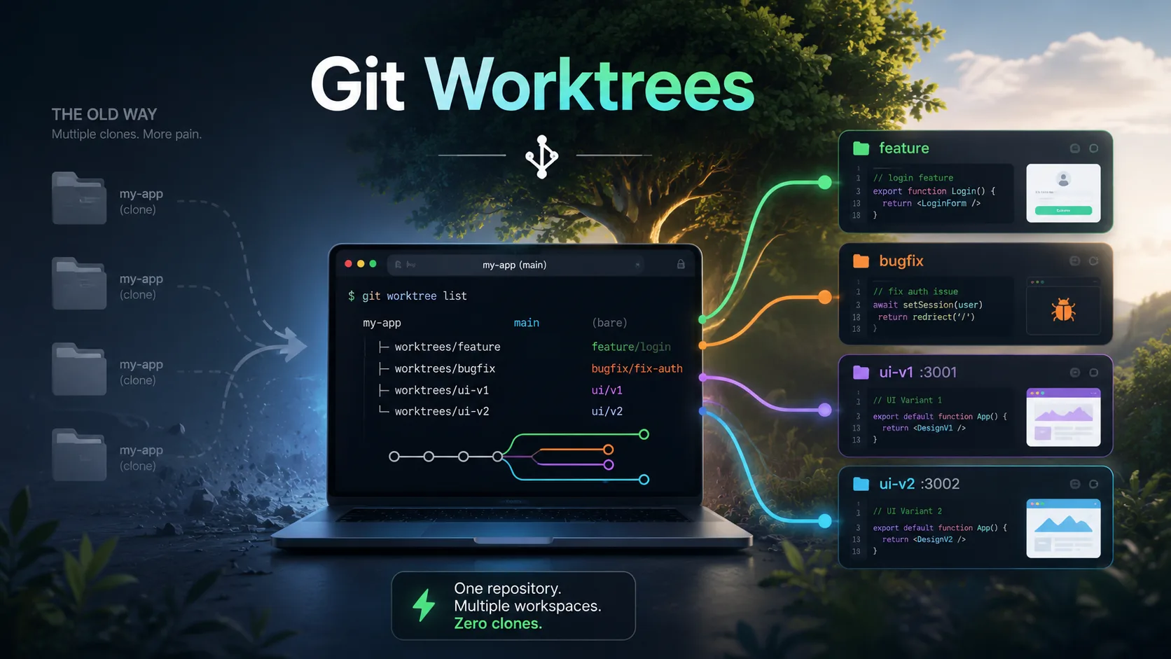 Illustration of Git worktrees branching from one repository into multiple working directories.