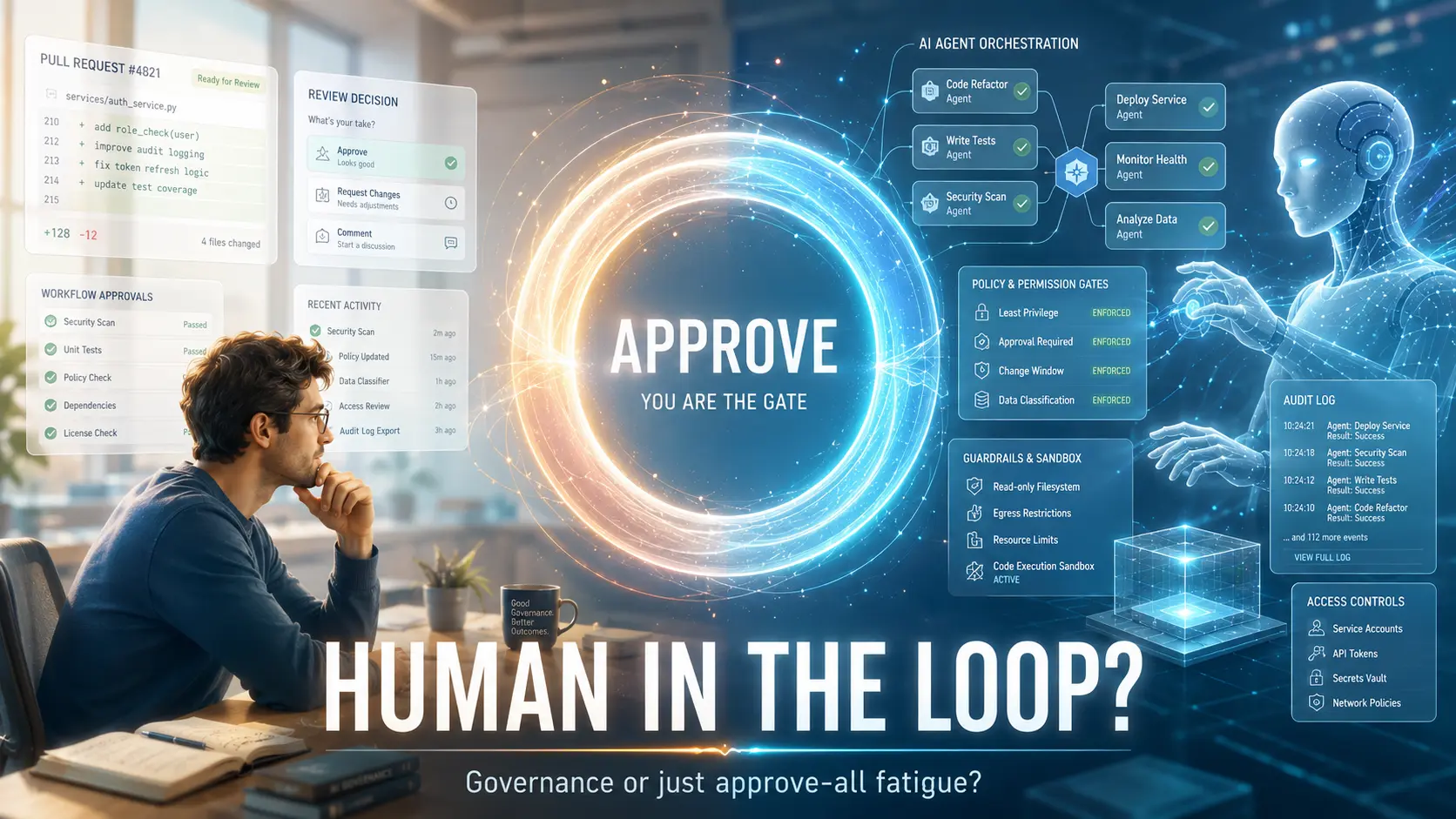 Illustration of human approval sitting inside an automated AI governance loop.