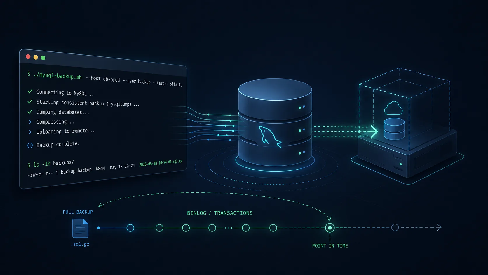 Illustration of a minimal MySQL backup flow using dumps, compression, cron, and another server.