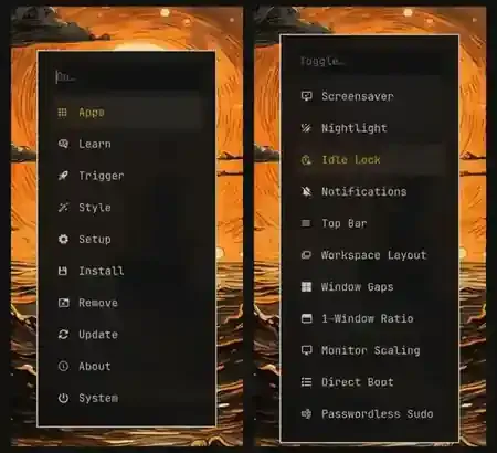 The main Omarchy menu and toggle menu, showing application, setup, installation and common desktop controls.