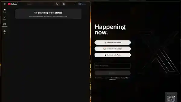 YouTube and X web apps automatically tiled side by side on an Omarchy desktop.