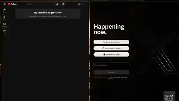 YouTube and X web apps automatically tiled side by side on an Omarchy desktop.