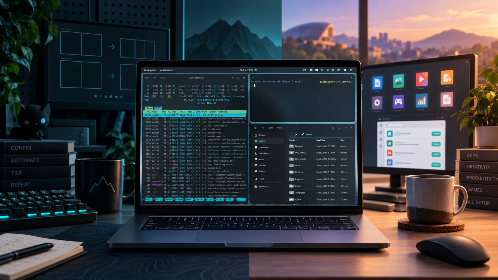 A laptop running Pop!_OS COSMIC with tiled terminal and file manager windows on a desk at sunset.