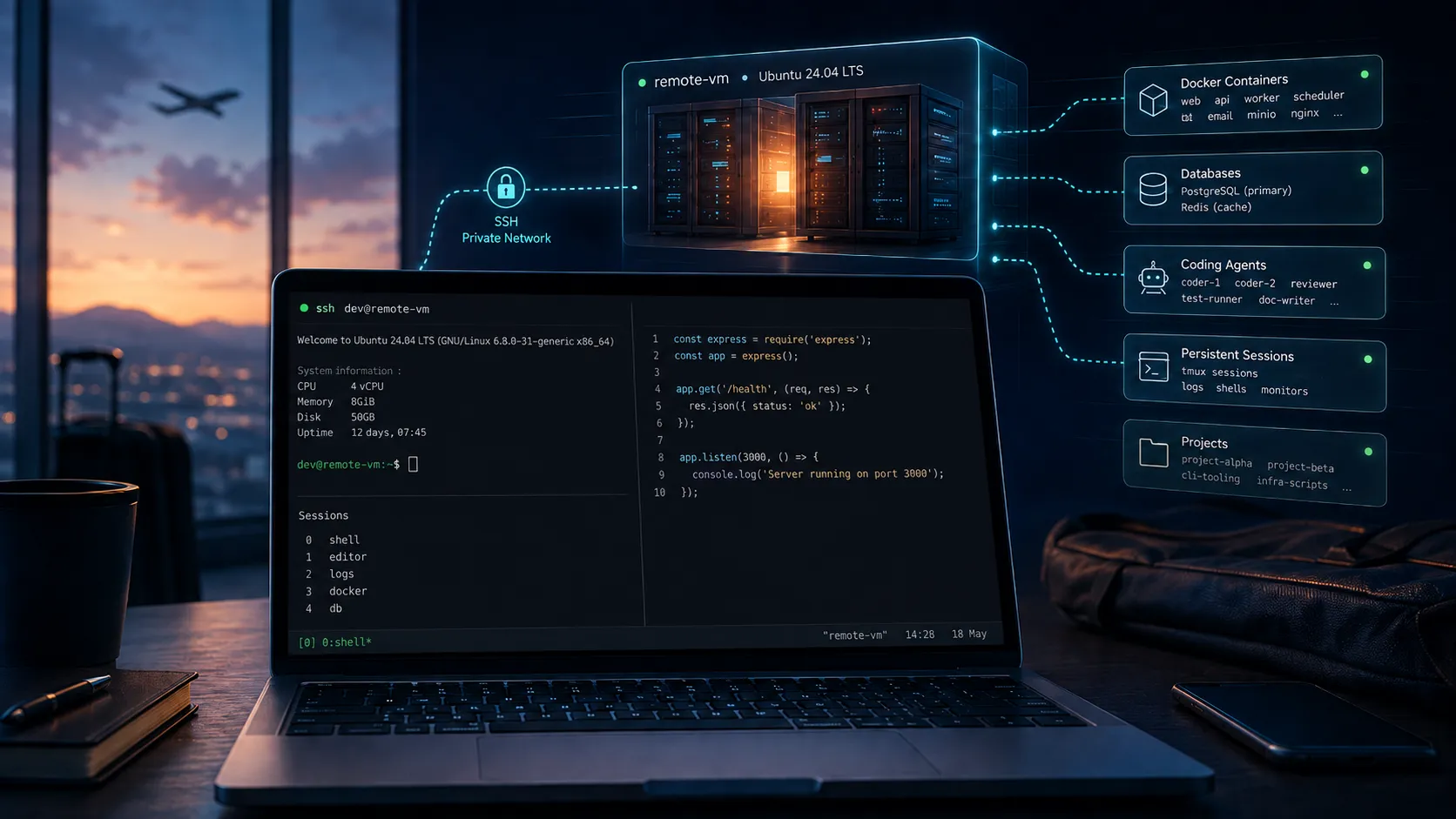 A laptop in an airport lounge showing an SSH session into a remote Ubuntu VM, with tmux sessions, Docker containers, databases and coding agents running on the machine rather than on the laptop.