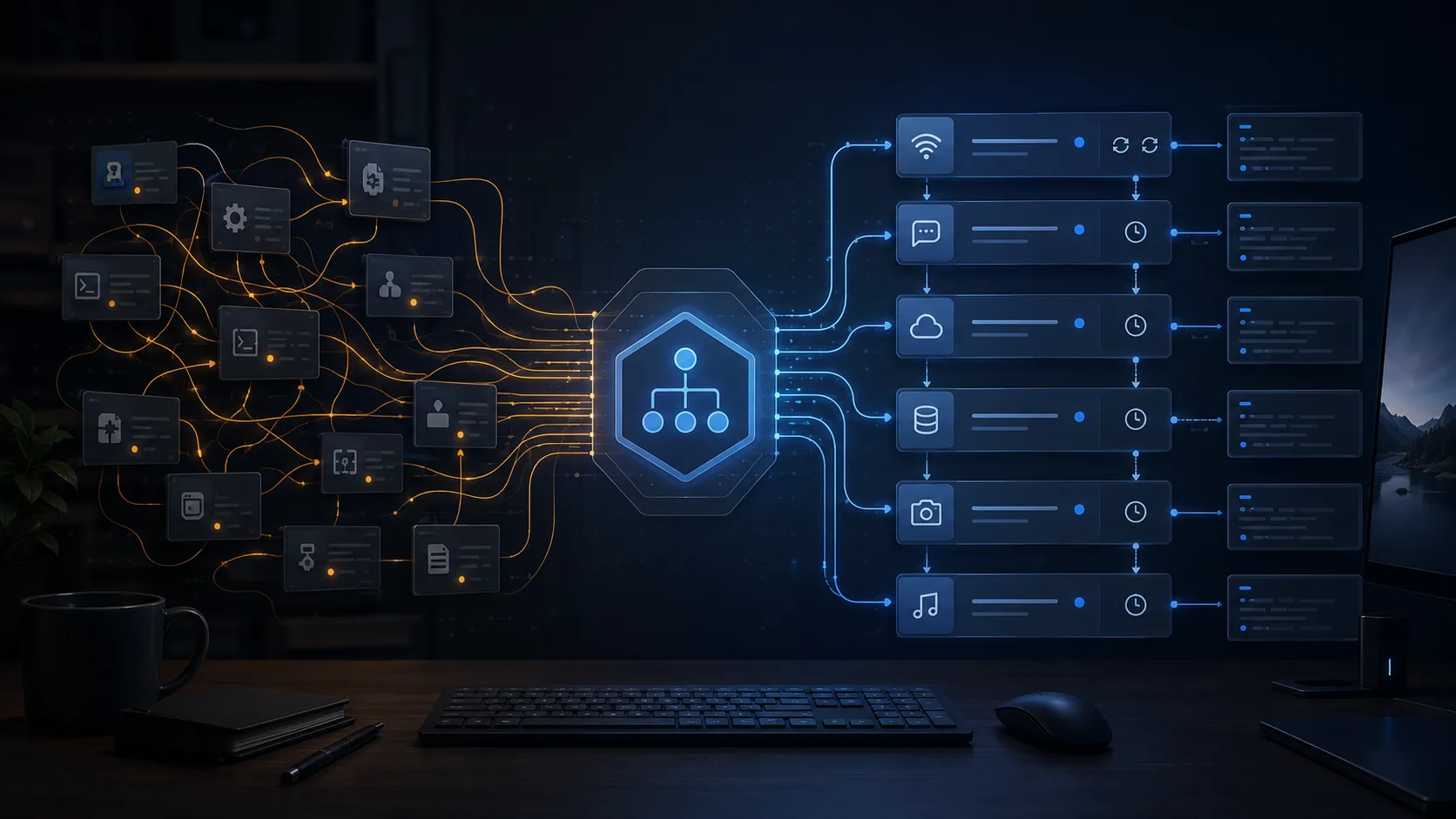 Editorial illustration of a Linux desktop moving from scattered autostart scripts and fragile background processes into a clean supervised systemd user-session graph.