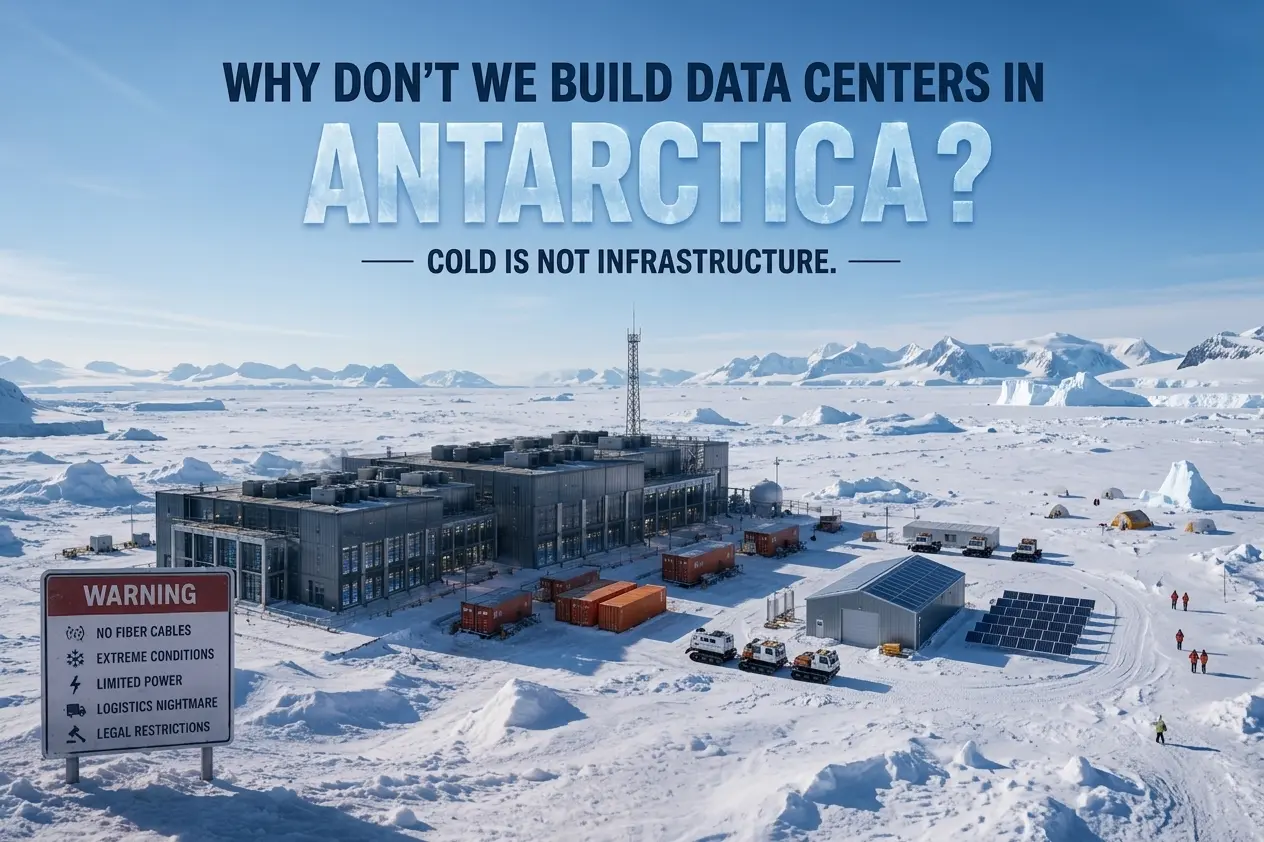 Illustration of the infrastructure challenges of operating data centers in Antarctica.