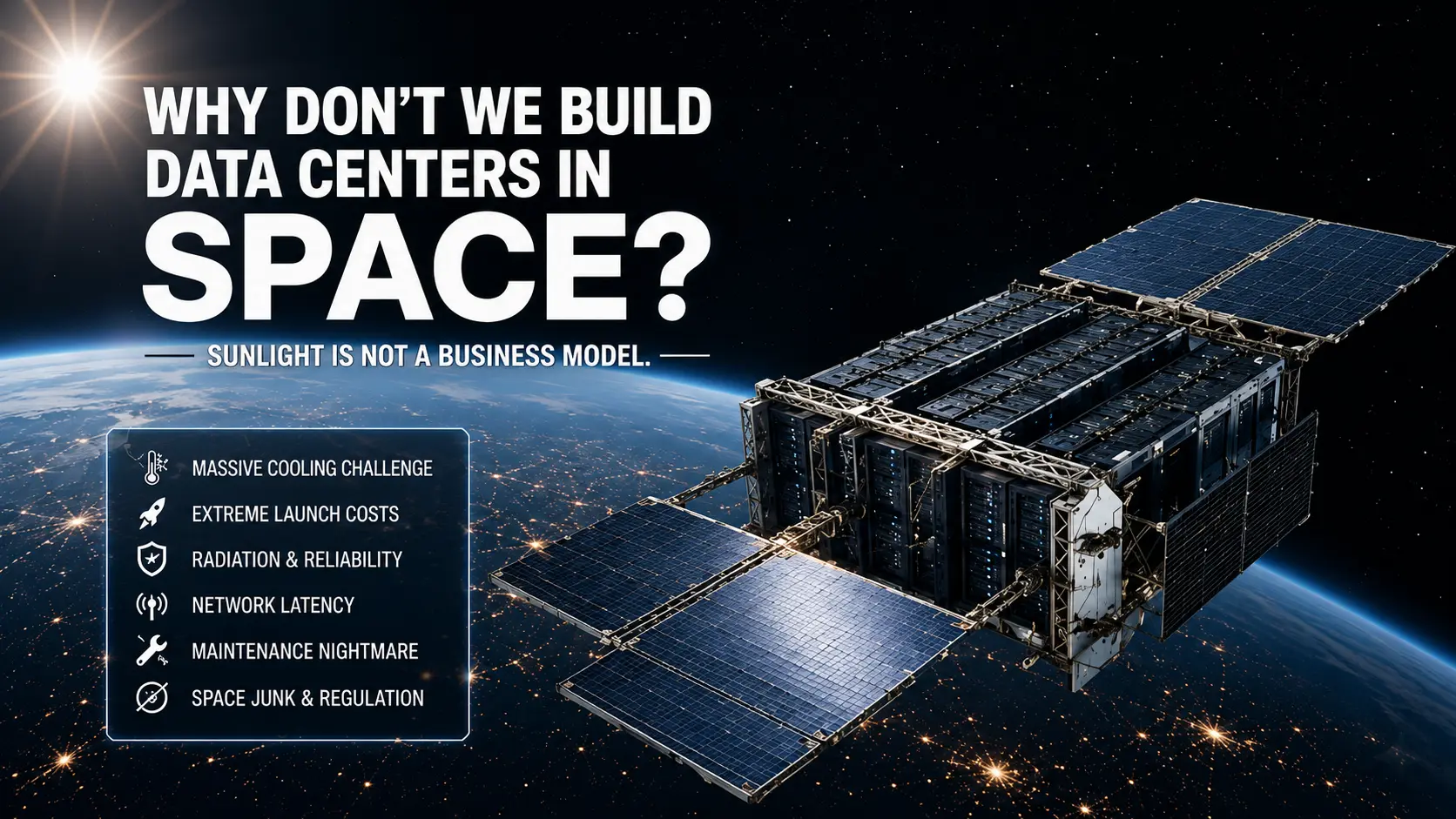 Illustration of the networking, cooling, maintenance, and repair challenges of data centers in space.